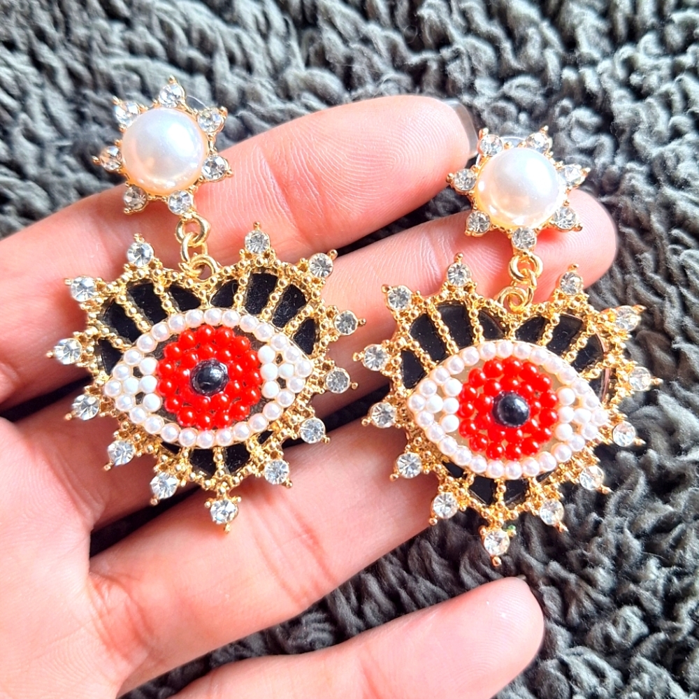 Custom Gold and Red Eye Earrings
